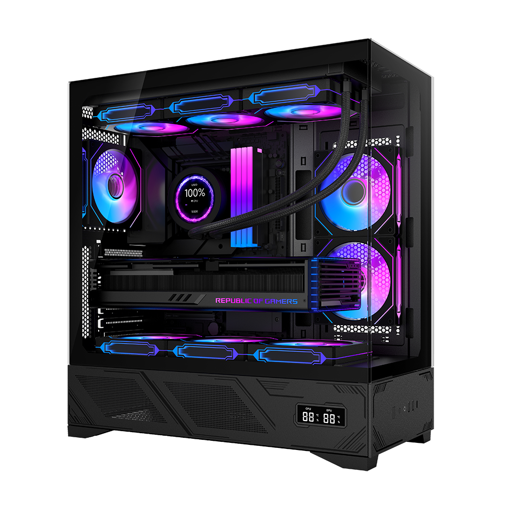 Boitier 220A10 de jeu PC AOJIE avec écran LCD, boîtier de jeu ATX de taille moyenne, boîtier de jeu Micro Desk, châssis de boîtier d'ordinateur en verre trempé