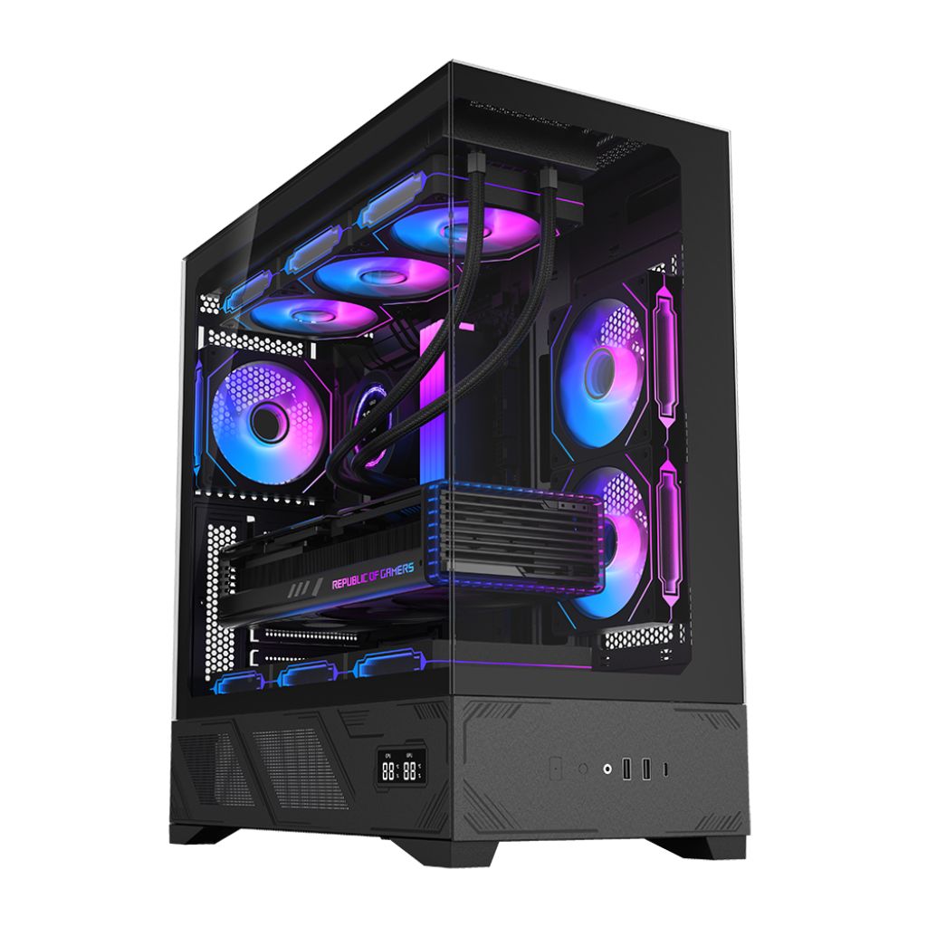 Boitier 220A10 de jeu PC AOJIE avec écran LCD, boîtier de jeu ATX de taille moyenne, boîtier de jeu Micro Desk, châssis de boîtier d'ordinateur en verre trempé